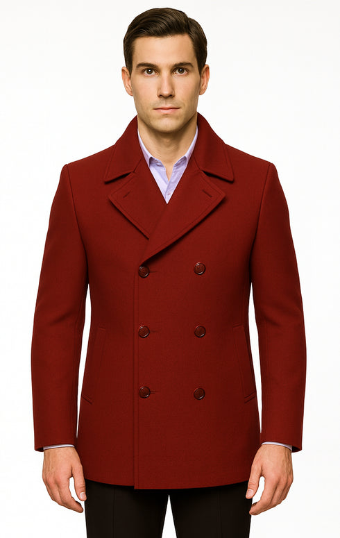 Men's Burgundy Six Button Double Breasted Priced Mens Wool Peacoat Jacket