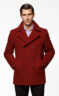 Men's Burgundy Six Button Double Breasted Priced Mens Wool Peacoat Jacket