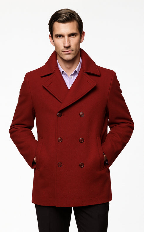 Men's Burgundy Six Button Double Breasted Priced Mens Wool Peacoat Jacket