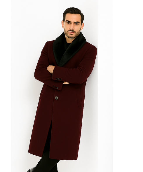 Mens Burgundy Wine Maroon Big And Tall Notch Lapel Overcoat