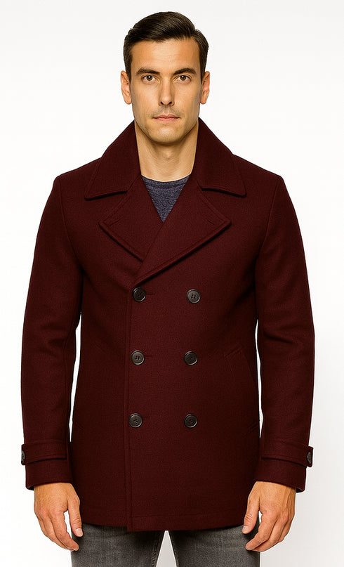 Mens Burgundy Wine Six Button Wool Peacoat Car Coat