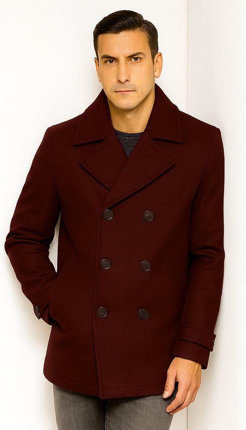 Mens Burgundy Wine Six Button Wool Peacoat Car Coat