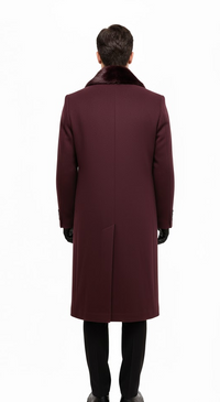 Mens Burgundy Wool coat And Overcoat With Fur Collar