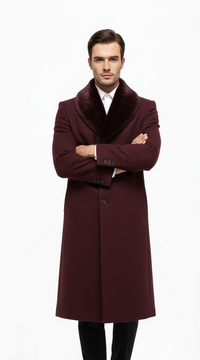 Mens Burgundy Wool coat And Overcoat With Fur Collar