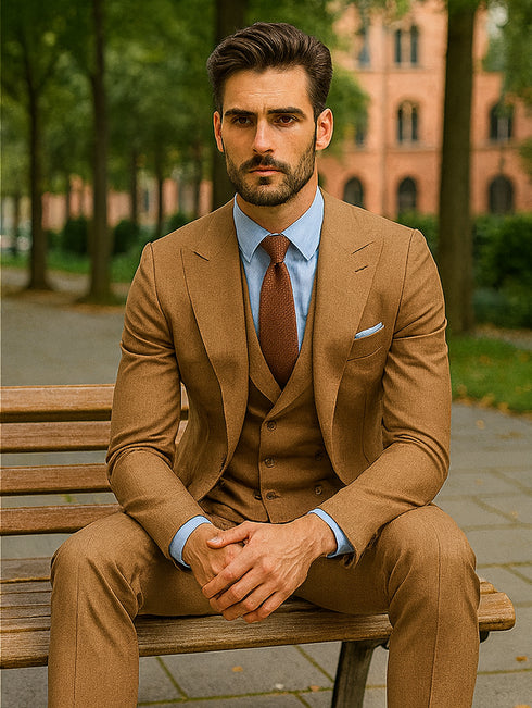 Men’s Brown Groom Suit with Vest and Pocket Square – Formal Style