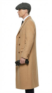 Mens Camel Brown Double Breasted Wool Overcoat + Suit – Peaky Blinders Inspired Vintage Long Trench Coat with Lapel Collar