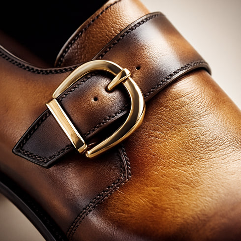 Mens Carrucci Classic Leather Fade Single D-Buckle Monk Strap Dress Shoe in Chestnut