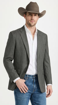 Mens Charcoal Gray Pinstripe Western Blazer – Classic Cowboy Style Jacket for Business, Formal and Smart Casual Wear