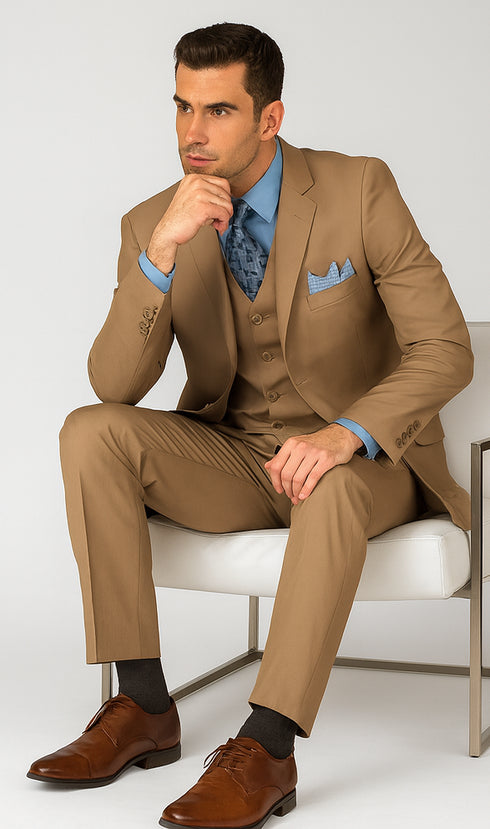 Mens Classic 3 Button Vested Dress Suit in Tan