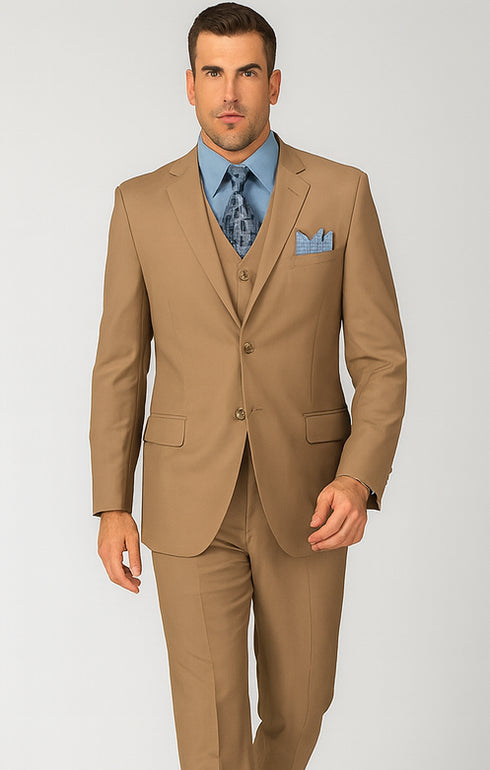 Mens Classic 3 Button Vested Dress Suit in Tan