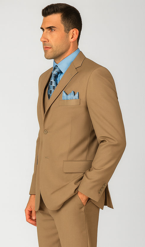 Mens Classic 3 Button Vested Dress Suit in Tan