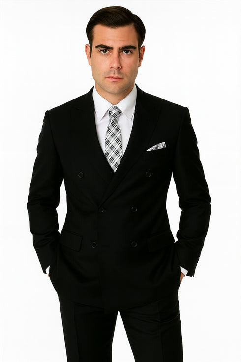 Mens Classic Wool Double Breasted Suit in Black