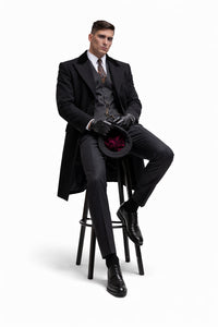 Mens Costume Thomas Shelby Vested Suit & Black Overcoat