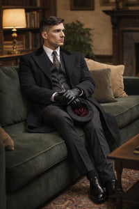 Mens Costume Thomas Shelby Vested Suit & Black Overcoat