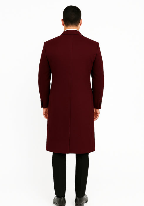 Mens Dark Burgundy Full Length Wool Overcoat-Topcoat
