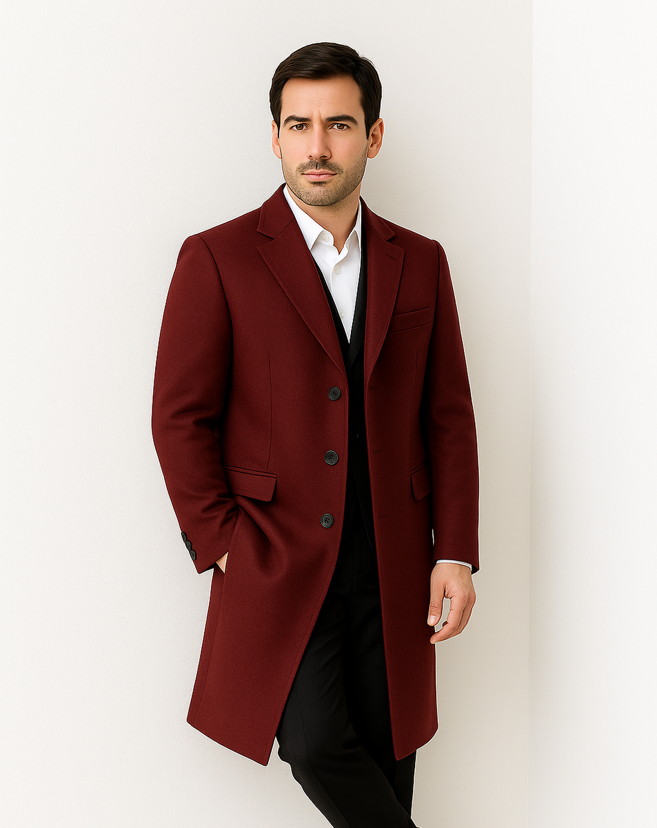 Mens Dark Burgundy Full Length Wool Overcoat-Topcoat – OvercoatUSA