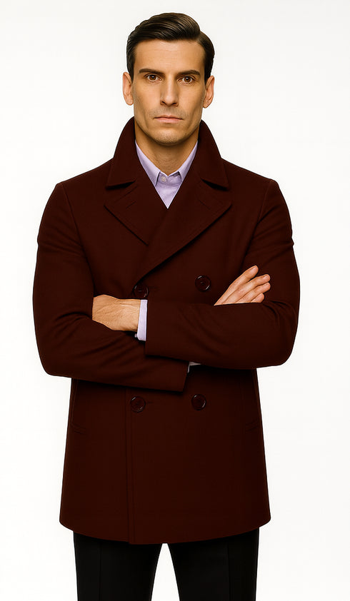Mens Dark Burgundy Peacoat Slim Fit Fitted Wool Peacoat