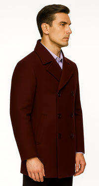 Mens Dark Burgundy Peacoat Slim Fit Fitted Wool Peacoat
