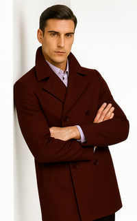 Mens Dark Burgundy Peacoat Slim Fit Fitted Wool Peacoat