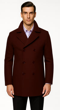 Mens Dark Burgundy Peacoat Slim Fit Fitted Wool Peacoat