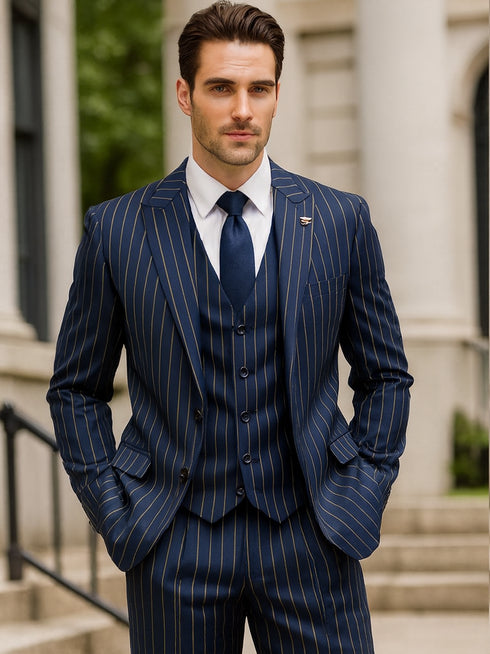 Men's Dark Navy Blue ~ White Mars Vested Peak Lapel Gangster Bold PinStripe Suit