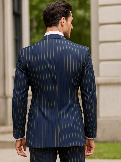 Men's Dark Navy Blue ~ White Mars Vested Peak Lapel Gangster Bold PinStripe Suit