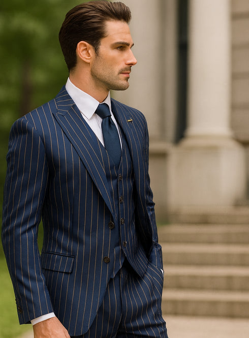 Men's Dark Navy Blue ~ White Mars Vested Peak Lapel Gangster Bold PinStripe Suit