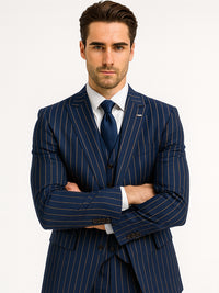 Men's Dark Navy Blue ~ White Mars Vested Peak Lapel Gangster Bold PinStripe Suit