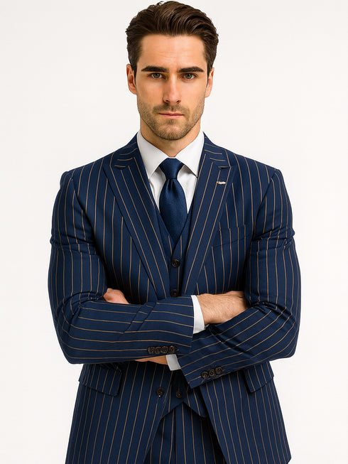 Men's Dark Navy Blue ~ White Mars Vested Peak Lapel Gangster Bold PinStripe Suit