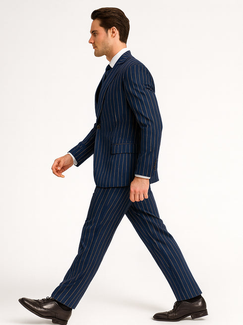 Men's Dark Navy Blue ~ White Mars Vested Peak Lapel Gangster Bold PinStripe Suit