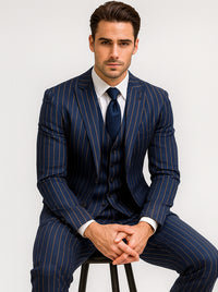 Men's Dark Navy Blue ~ White Mars Vested Peak Lapel Gangster Bold PinStripe Suit