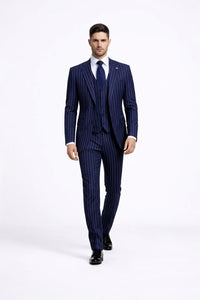 Men's Dark Navy Blue ~ White Mars Vested Peak Lapel Gangster Bold PinStripe Suit