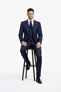 Men's Dark Navy Blue ~ White Mars Vested Peak Lapel Gangster Bold PinStripe Suit