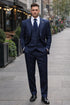 Men's Dark Navy Blue ~ White Mars Vested Peak Lapel Gangster Bold PinStripe Suit