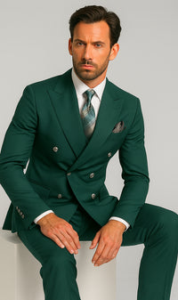 Mens Designer Modern Fit Double Breasted Wool Suit with Gold Buttons in Hunter Green