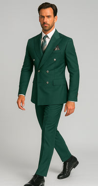 Mens Designer Modern Fit Double Breasted Wool Suit with Gold Buttons in Hunter Green