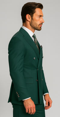 Mens Designer Modern Fit Double Breasted Wool Suit with Gold Buttons in Hunter Green