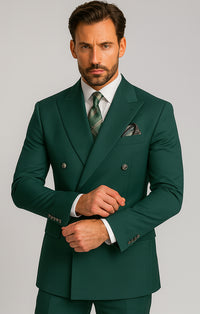 Mens Designer Modern Fit Double Breasted Wool Suit with Gold Buttons in Hunter Green