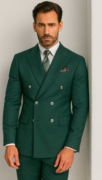 Mens Designer Modern Fit Double Breasted Wool Suit with Gold Buttons in Hunter Green