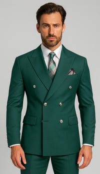 Mens Designer Modern Fit Double Breasted Wool Suit with Gold Buttons in Hunter Green