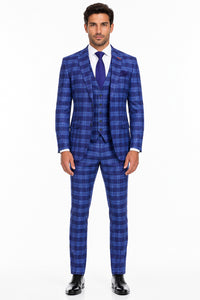 Men's Designer Two Button Modern Fit Vested Wool Suit in Indigo Blue Glen Plaid