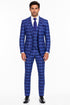 Men's Designer Two Button Modern Fit Vested Wool Suit in Indigo Blue Glen Plaid