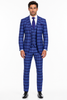 Men's Designer Two Button Modern Fit Vested Wool Suit in Indigo Blue Glen Plaid