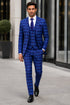 Men's Designer Two Button Modern Fit Vested Wool Suit in Indigo Blue Glen Plaid