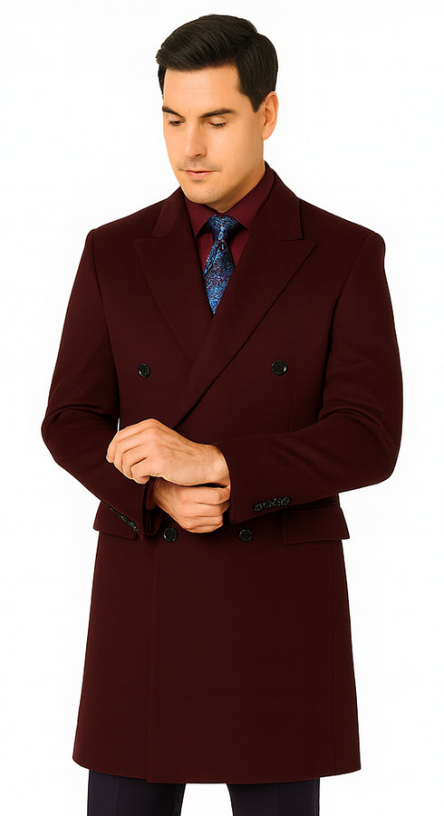 Men's Double Breasted Burgundy ~ Wool men's Car Coat Mid Length Three quarter length coat ~ Designer men's Wool Peacoat Sale