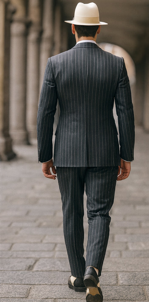 Mens Double Breasted Gangster Six Button Suit in Black/Black and Red Pinstripe