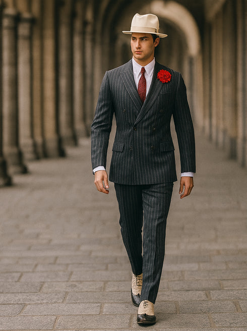 Mens Double Breasted Gangster Pinstripe Six Button Suit in Black