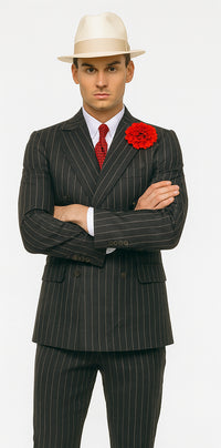 Mens Double Breasted Gangster Pinstripe Six Button Suit in Black