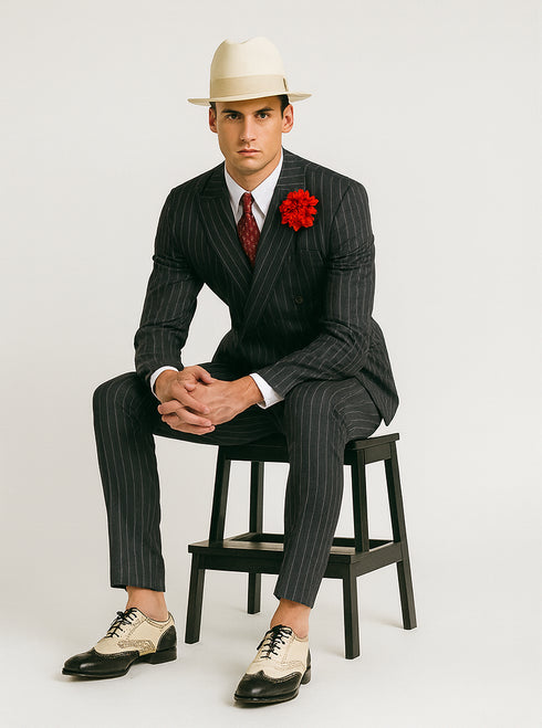 Mens Double Breasted Gangster Pinstripe Six Button Suit in Black