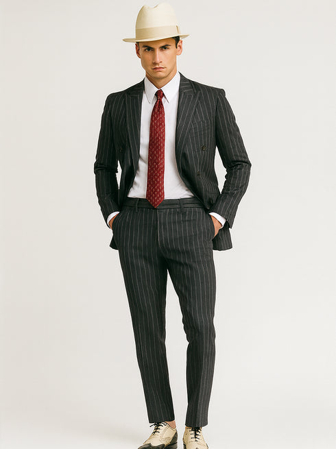 Mens Double Breasted Gangster Pinstripe Six Button Suit in Black